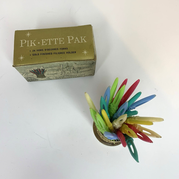 MCM Pick-Ette Pack Appetizer Fork Set 24 Plastic Forks With Gold Tone Holder - Picture 4 of 8